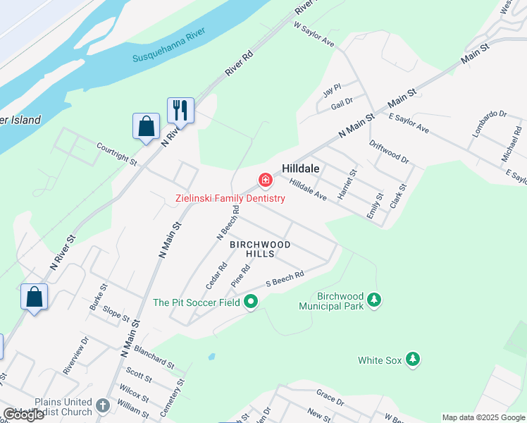 map of restaurants, bars, coffee shops, grocery stores, and more near 1-19 Clarks Lane in Wilkes-Barre