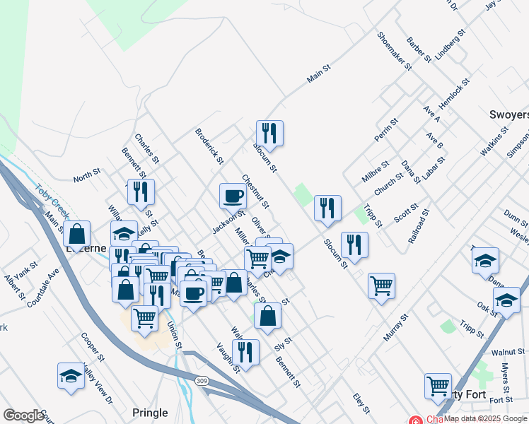 map of restaurants, bars, coffee shops, grocery stores, and more near 45 Chestnut St in Swoyersville