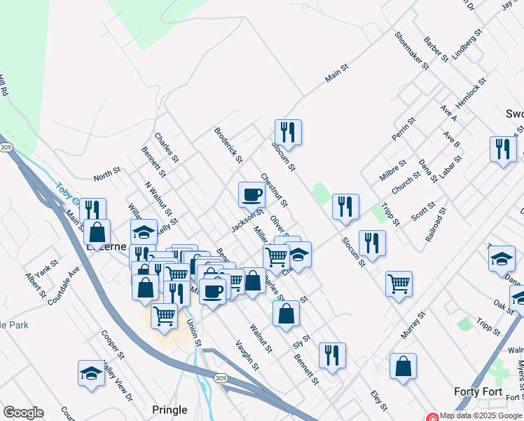 map of restaurants, bars, coffee shops, grocery stores, and more near 147 Jackson St in Swoyersville