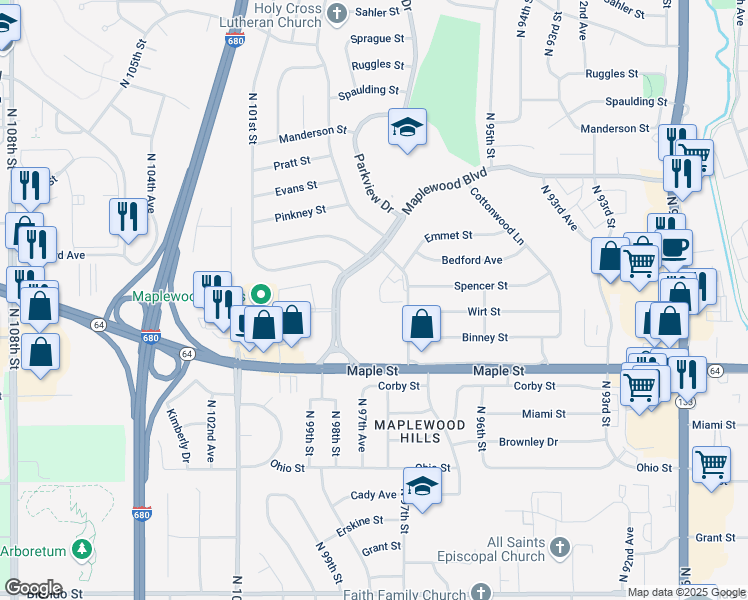 map of restaurants, bars, coffee shops, grocery stores, and more near 3110 1/2 North 97th Street in Omaha