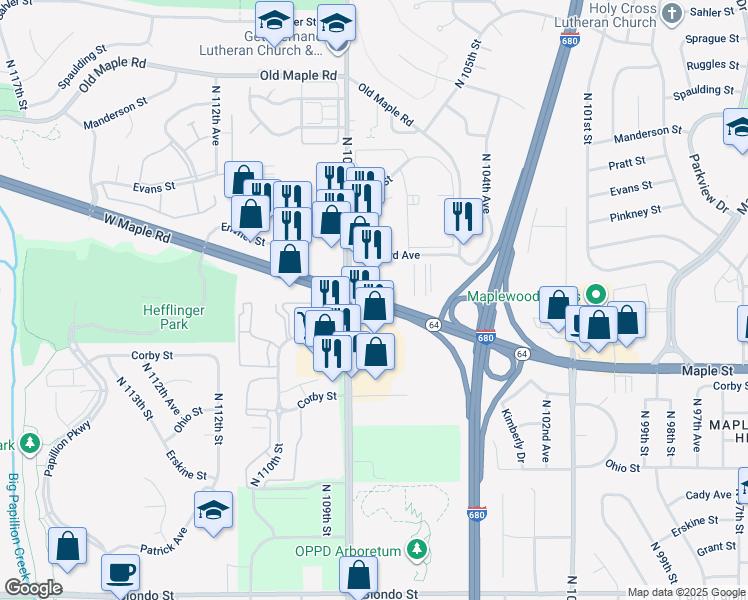map of restaurants, bars, coffee shops, grocery stores, and more near in Omaha