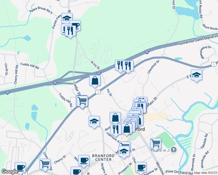map of restaurants, bars, coffee shops, grocery stores, and more near 109 Ivy Street in Branford