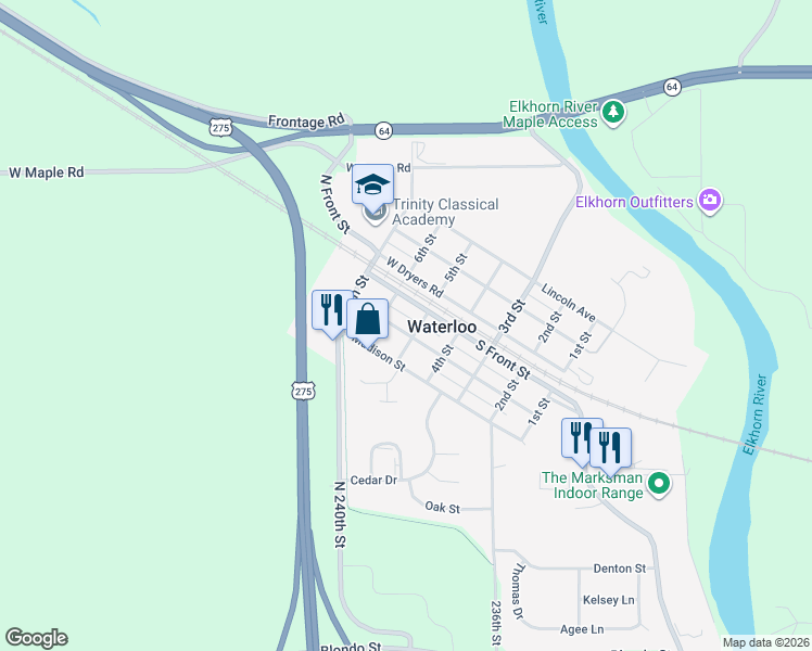 map of restaurants, bars, coffee shops, grocery stores, and more near 506 Jefferson Street in Waterloo