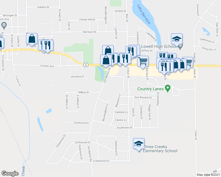 map of restaurants, bars, coffee shops, grocery stores, and more near 1605 Bluebird Drive in Lowell