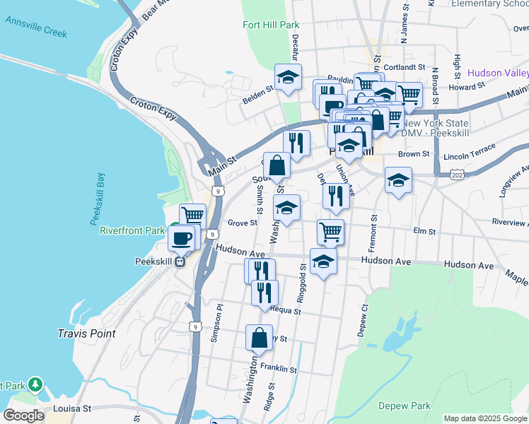 map of restaurants, bars, coffee shops, grocery stores, and more near 157 Smith Street in Peekskill