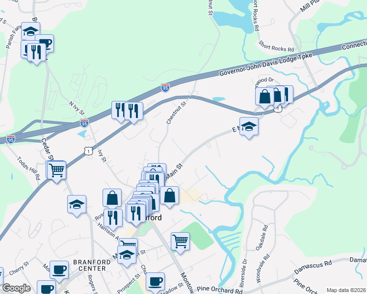map of restaurants, bars, coffee shops, grocery stores, and more near 3 Beach Place in Branford