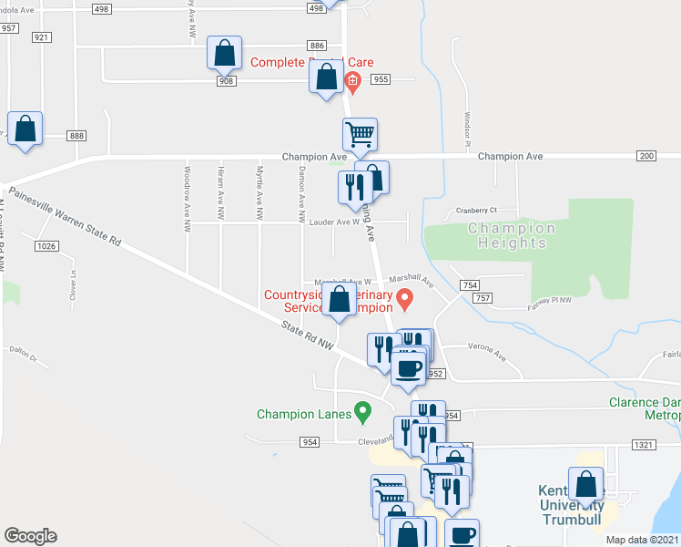 map of restaurants, bars, coffee shops, grocery stores, and more near 150 Marshall Avenue West in Warren
