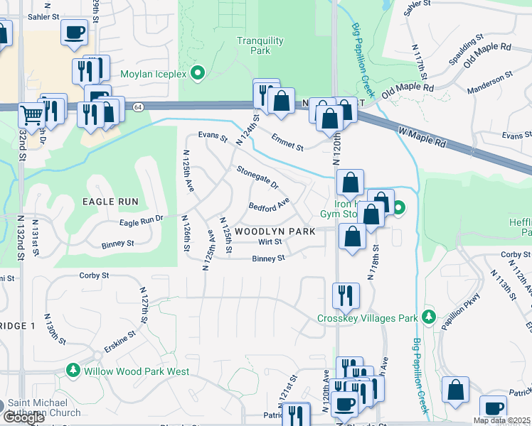 map of restaurants, bars, coffee shops, grocery stores, and more near 12305 Bedford Avenue in Omaha