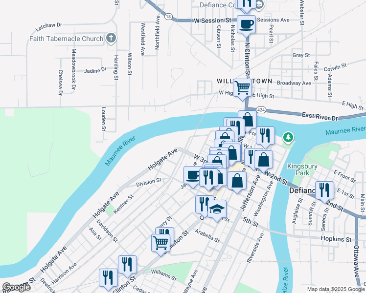 map of restaurants, bars, coffee shops, grocery stores, and more near 328 Holgate Avenue in Defiance