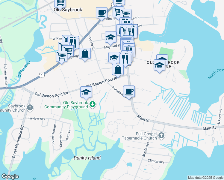 map of restaurants, bars, coffee shops, grocery stores, and more near 46 Pennywise Lane in Old Saybrook