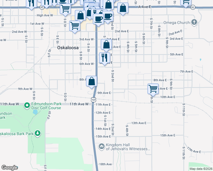 map of restaurants, bars, coffee shops, grocery stores, and more near 831 South 2nd Street in Oskaloosa