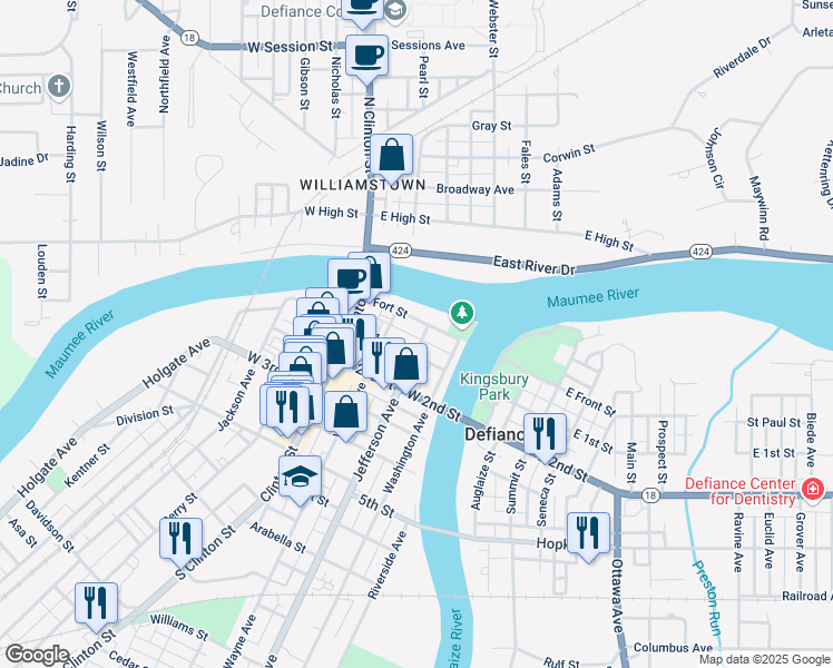 map of restaurants, bars, coffee shops, grocery stores, and more near 319 Fort Street in Defiance