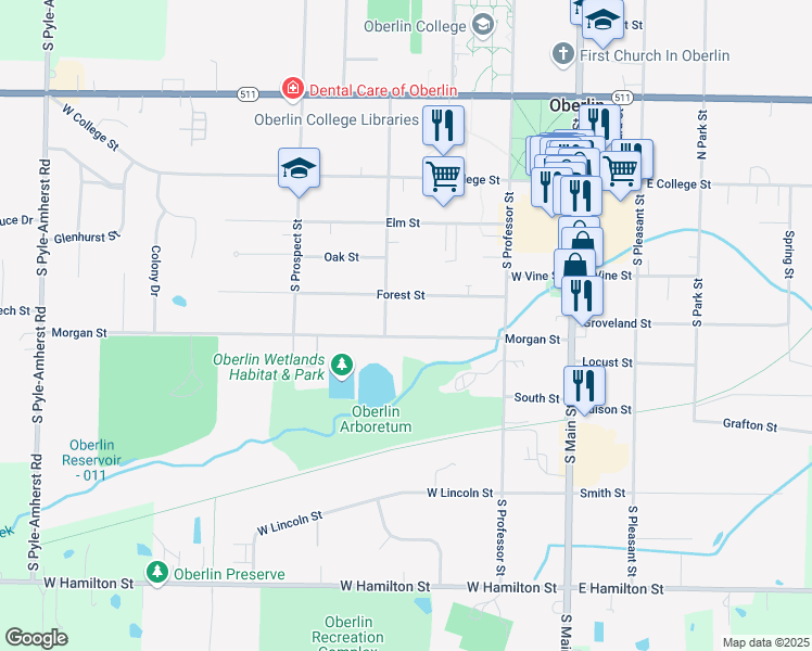 map of restaurants, bars, coffee shops, grocery stores, and more near 180 Morgan Street in Oberlin