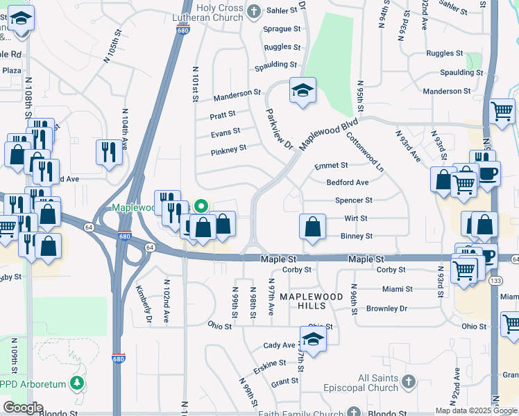 map of restaurants, bars, coffee shops, grocery stores, and more near 3115 Maplewood Boulevard in Omaha