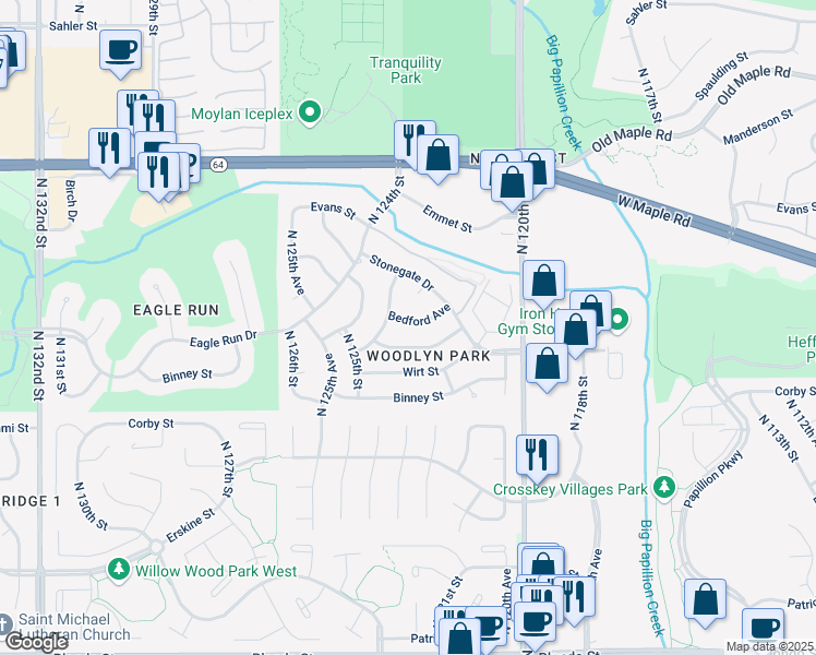 map of restaurants, bars, coffee shops, grocery stores, and more near 12305 Bedford Avenue in Omaha
