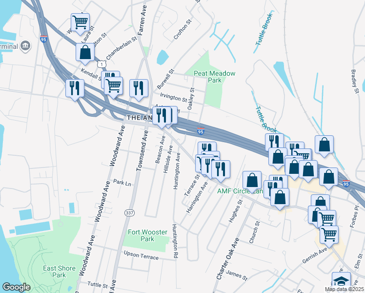 map of restaurants, bars, coffee shops, grocery stores, and more near 100 Main Street in New Haven
