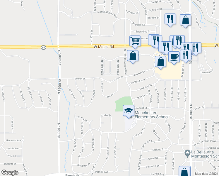 map of restaurants, bars, coffee shops, grocery stores, and more near 17550 Wirt Street in Omaha