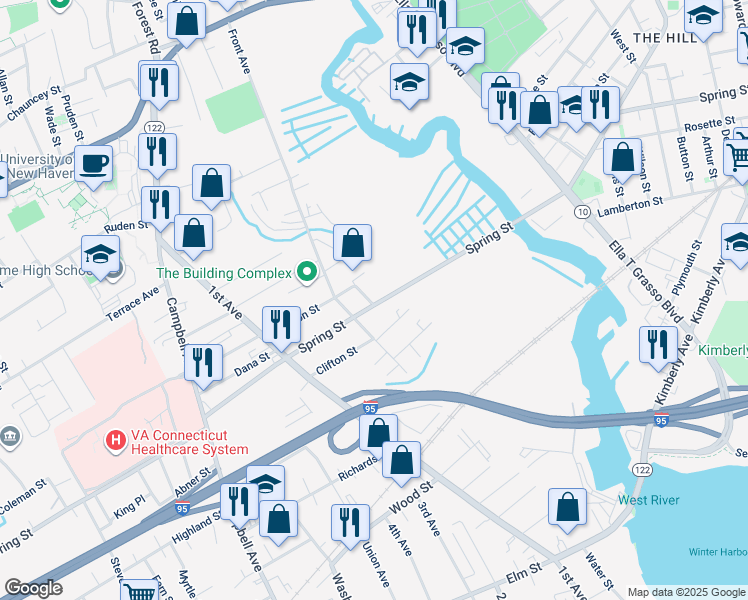 map of restaurants, bars, coffee shops, grocery stores, and more near 39 Spring Street in West Haven