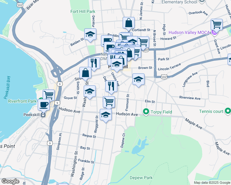 map of restaurants, bars, coffee shops, grocery stores, and more near 159 Depew Street in Peekskill