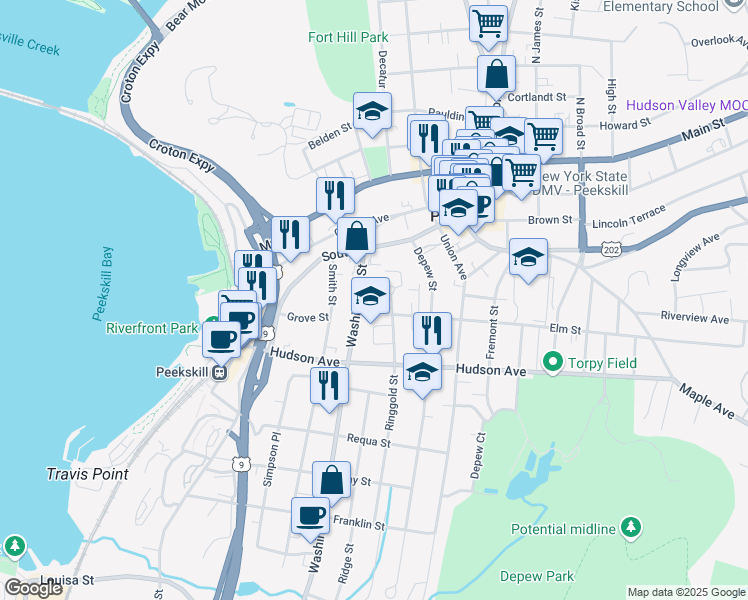 map of restaurants, bars, coffee shops, grocery stores, and more near 100 Ringgold Street in Peekskill
