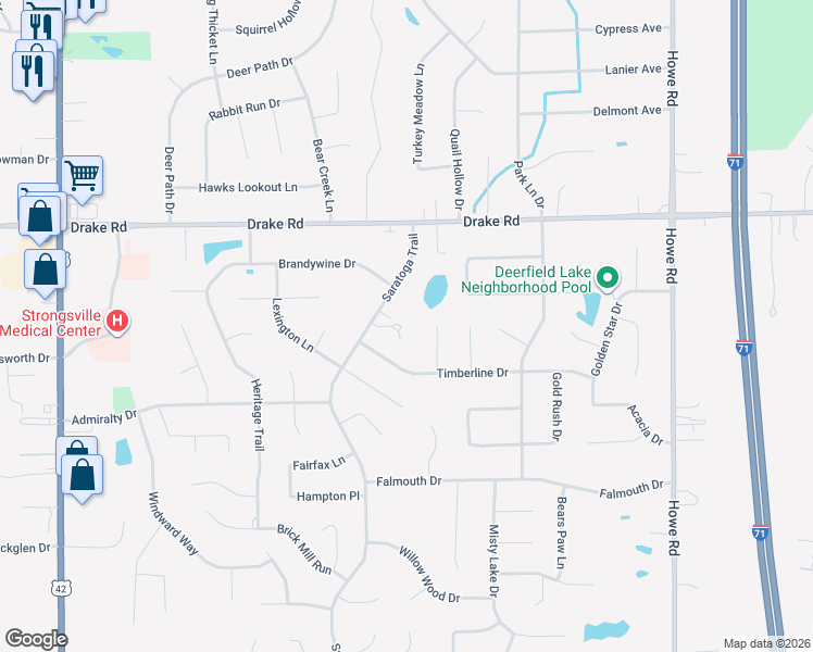 map of restaurants, bars, coffee shops, grocery stores, and more near 16480 Georgetown Court in Strongsville