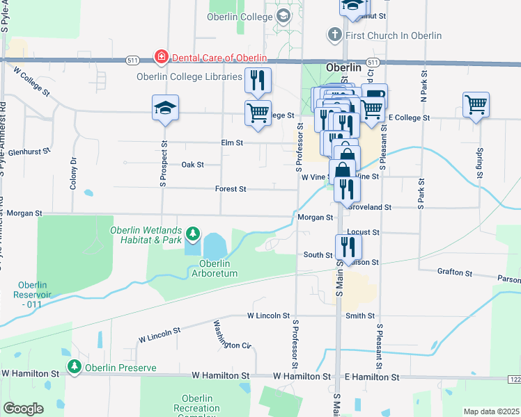 map of restaurants, bars, coffee shops, grocery stores, and more near 136 Morgan Street in Oberlin