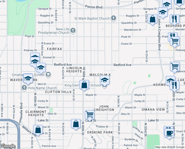 map of restaurants, bars, coffee shops, grocery stores, and more near 3202 North 38th Street in Omaha