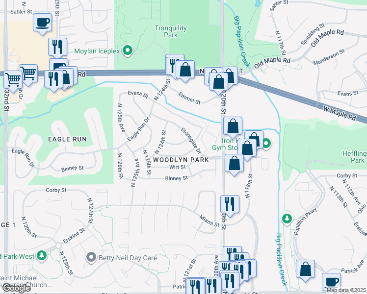 map of restaurants, bars, coffee shops, grocery stores, and more near 12106 Spencer Street in Omaha