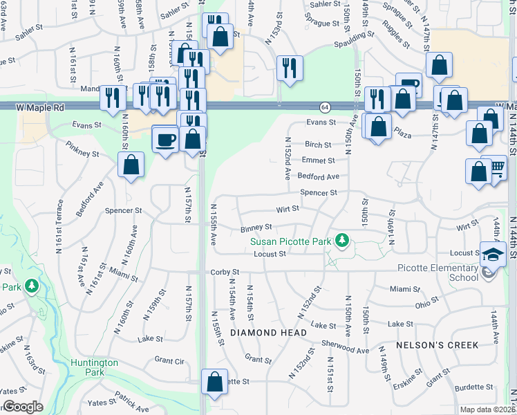 map of restaurants, bars, coffee shops, grocery stores, and more near 15308 Wirt Street in Omaha