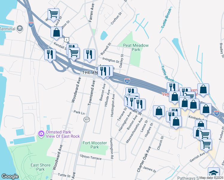 map of restaurants, bars, coffee shops, grocery stores, and more near 89 Main Street Annex in New Haven