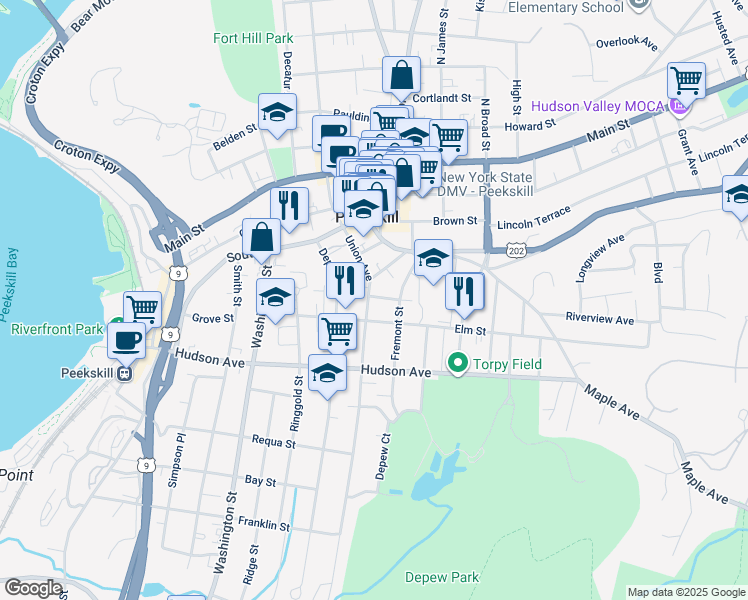 map of restaurants, bars, coffee shops, grocery stores, and more near 163 Union Avenue in Peekskill