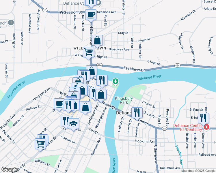 map of restaurants, bars, coffee shops, grocery stores, and more near 319 Fort Street in Defiance