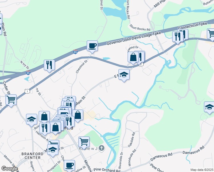 map of restaurants, bars, coffee shops, grocery stores, and more near 6 Willow Road in Branford