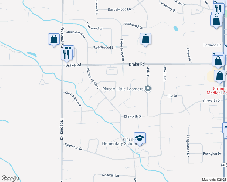 map of restaurants, bars, coffee shops, grocery stores, and more near 20193 Bradgate Lane in Strongsville