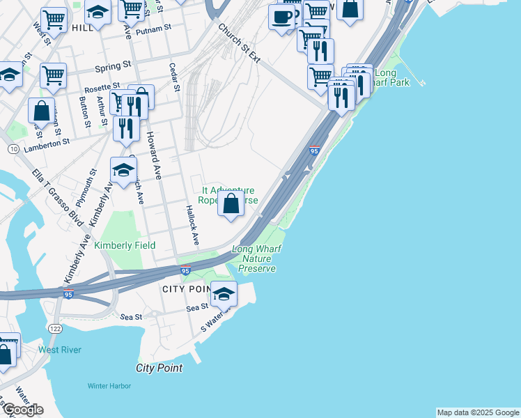 map of restaurants, bars, coffee shops, grocery stores, and more near 57 Sargent Drive in New Haven