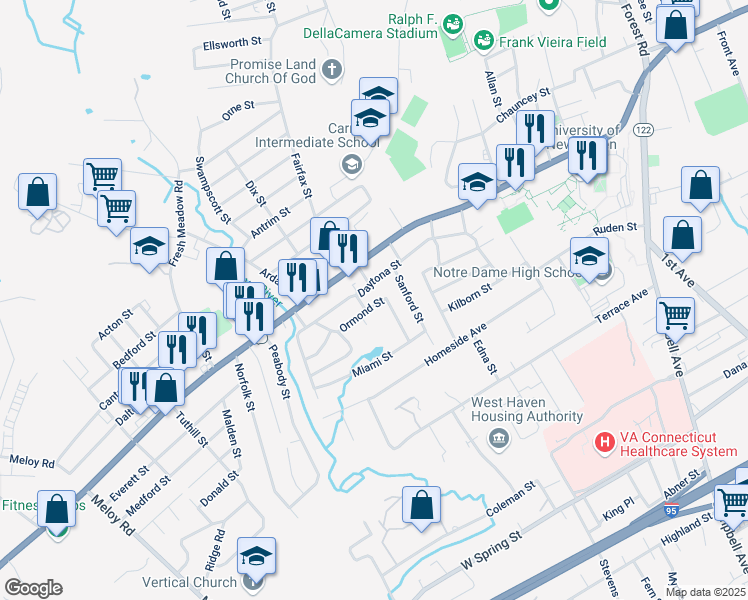 map of restaurants, bars, coffee shops, grocery stores, and more near 33 Ormond Street in West Haven