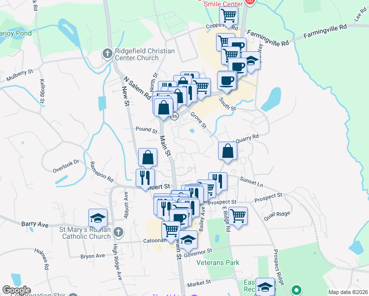 map of restaurants, bars, coffee shops, grocery stores, and more near Olcott Way in Ridgefield