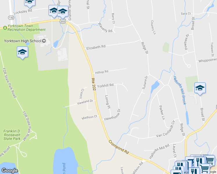 map of restaurants, bars, coffee shops, grocery stores, and more near 521 Yorkhill Road in Yorktown Heights