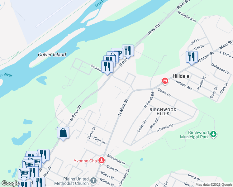 map of restaurants, bars, coffee shops, grocery stores, and more near 134 Hollywood Avenue in Wilkes-Barre