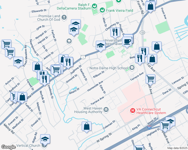 map of restaurants, bars, coffee shops, grocery stores, and more near 43 Kilborn Street in West Haven