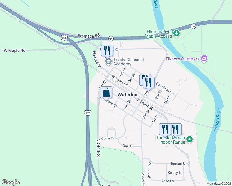 map of restaurants, bars, coffee shops, grocery stores, and more near 506 Jefferson St in Waterloo
