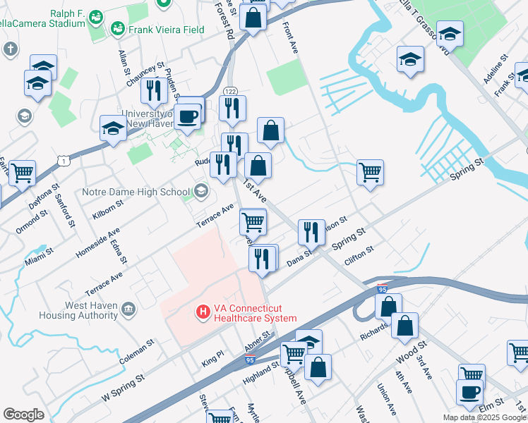 map of restaurants, bars, coffee shops, grocery stores, and more near 936 1st Avenue in West Haven