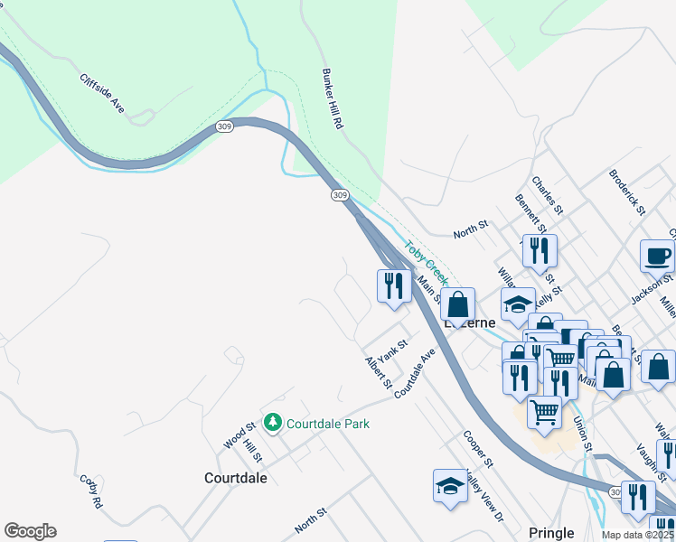 map of restaurants, bars, coffee shops, grocery stores, and more near 63 White Rock Terrace in Courtdale