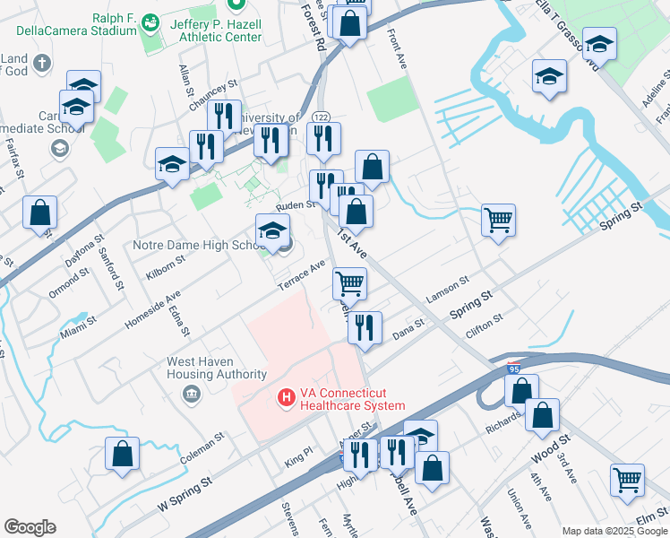 map of restaurants, bars, coffee shops, grocery stores, and more near 1048 Campbell Avenue in West Haven