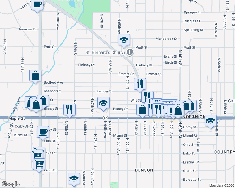 map of restaurants, bars, coffee shops, grocery stores, and more near 6531 Spencer Street in Omaha