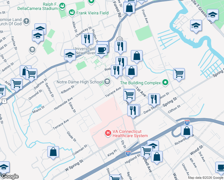 map of restaurants, bars, coffee shops, grocery stores, and more near 41 Terrace Avenue in West Haven