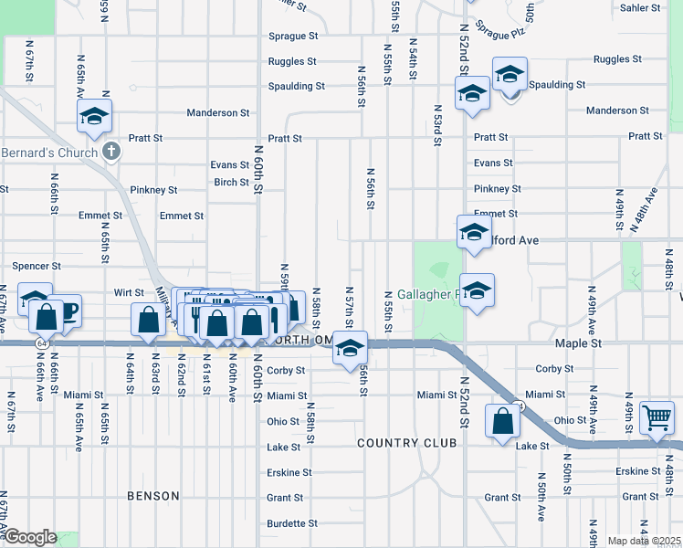 map of restaurants, bars, coffee shops, grocery stores, and more near 3115 North 58th Street in Omaha