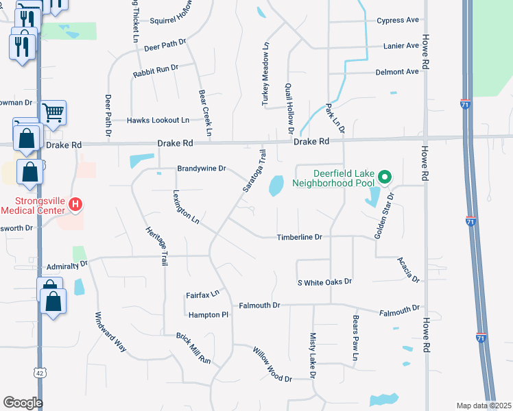 map of restaurants, bars, coffee shops, grocery stores, and more near 16480 Georgetown Court in Strongsville