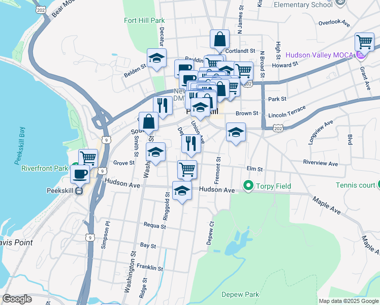 map of restaurants, bars, coffee shops, grocery stores, and more near 159 Depew Street in Peekskill