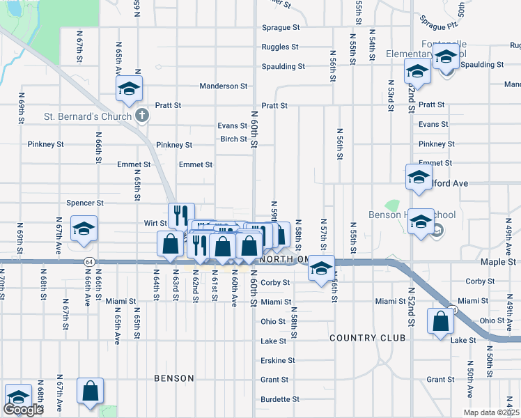 map of restaurants, bars, coffee shops, grocery stores, and more near 3123 North 60th Street in Omaha